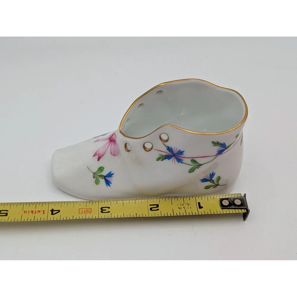 Herend Hungary Porcelain Baby Shoe Figurine White Floral Gold Trim